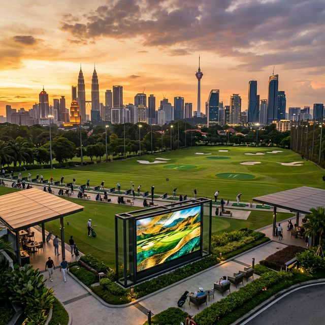 Actual driving range screen installation under the Kuala Lumpur sunset sky